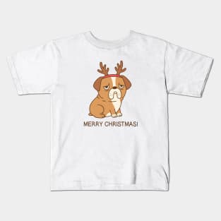 Grumpy Bulldog With Reindeer Antlers Funny Merry Christmas Kids T-Shirt